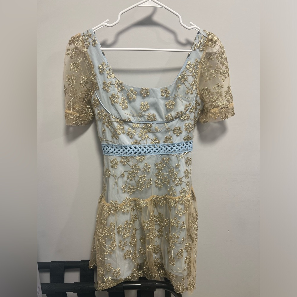 Floral Mesh Lace Gold and Blue Dress - Picture 5 of 5